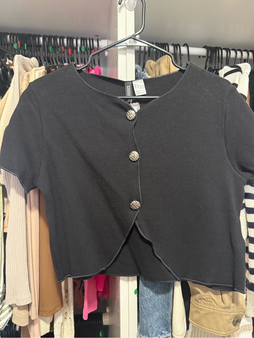 H&M Black Cropped Knit Cardigan Top Gold Button Short Sleeve NWT Size M